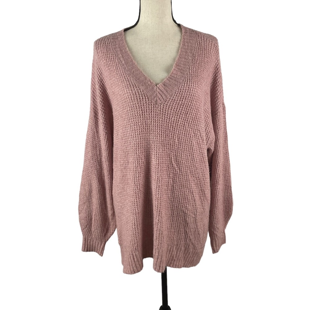 AMERICAN EAGLE PINK WAFFLE KNIT OVERSIZED V NECK TUNIC SWEATER MEDIUM